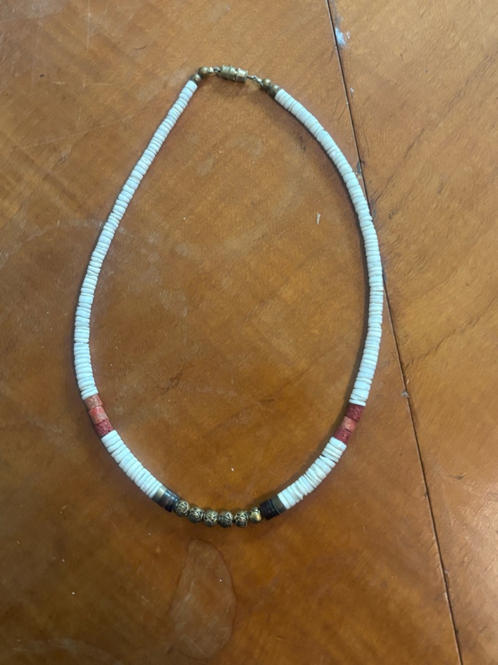 Vintage White necklace with and Red Accent Beaded Necklace with Gold Spacers
